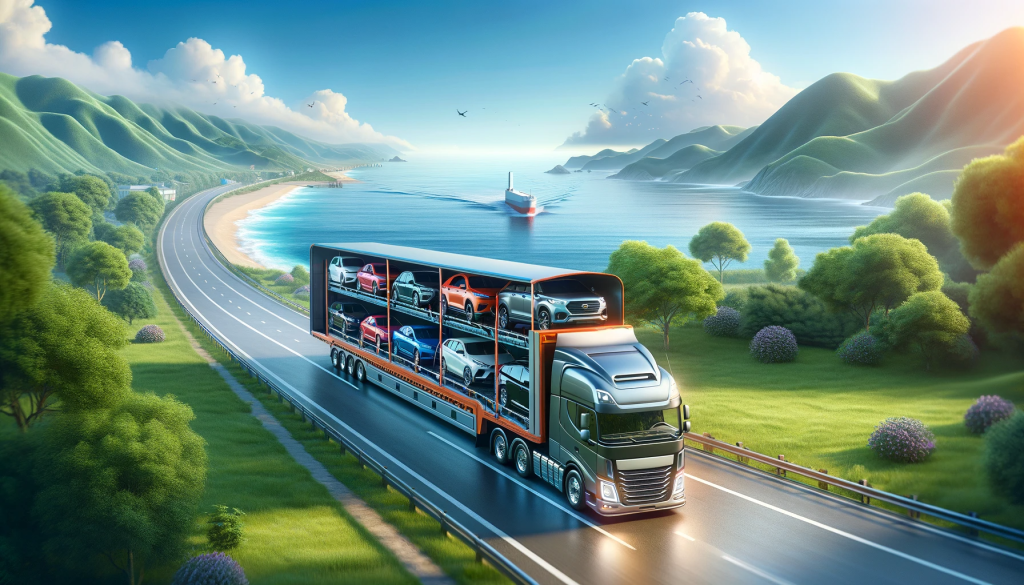 A large car carrier truck loaded with cars driving along a coastal road, with the ocean on one side and greenery on the other, under a clear blue sky.