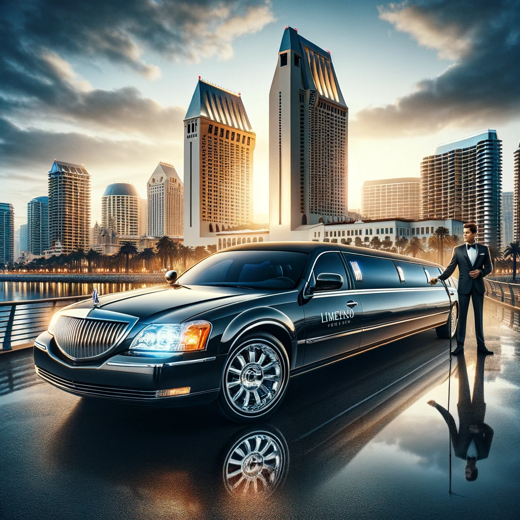 Luxurious limousine parked in front of a San Diego landmark with a professional chauffeur.