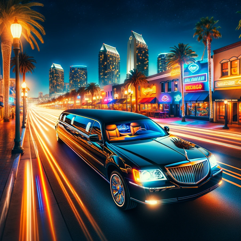 "Luxury limousine cruising through San Diego's vibrant nightlife scene."